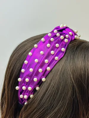 Metallic Pearl Embellished Top Knot Headband - Purple