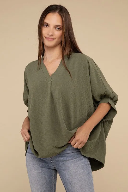 Zenana Clothing Woven Airflow V-Neck Puff Half Sleeve Top